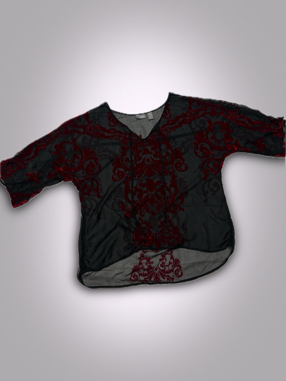 Black Sheer and Red Velour Romantic Vampy Whimsigoth Travelers by Chico’s Top